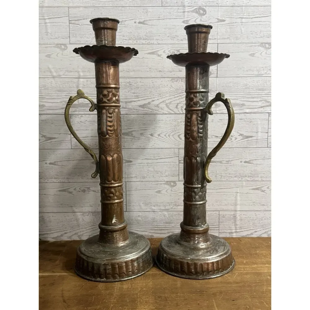 2 Large Metal Ornate Candlesticks with Handle Great Patina